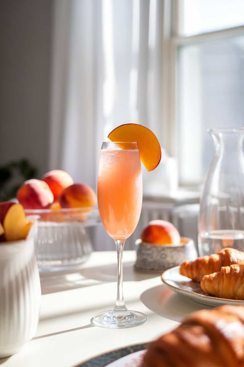 Photo of an indoor brunch table showing a champagne flute with peach-colored mocktail, thin peach slice perched on rim, gentle morning light; no text or logos.