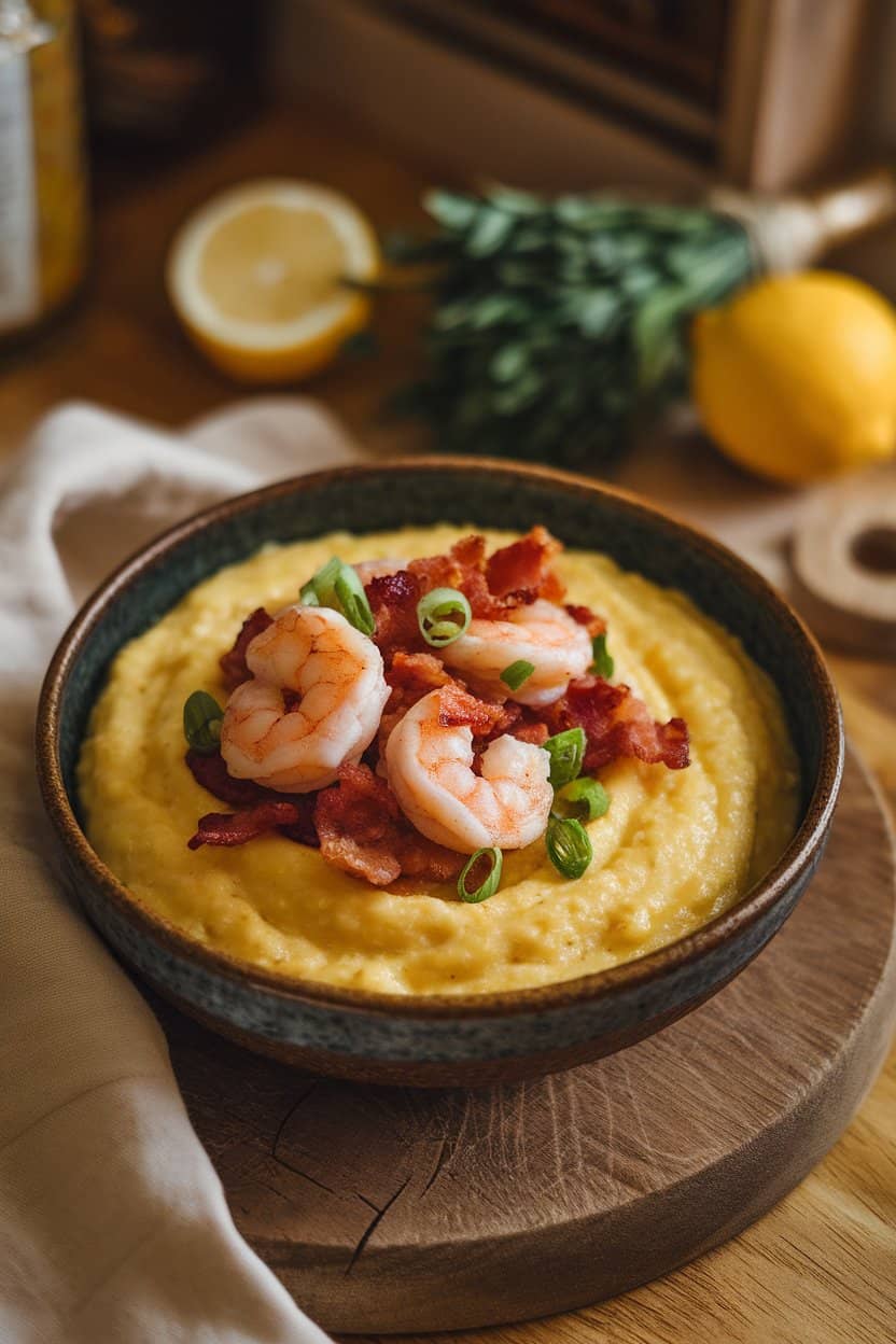 A rustic indoor bowl of creamy yellow grits topped with bacon-studded shrimp and scallions, shot from a 45-degree angle. No text or logos present.