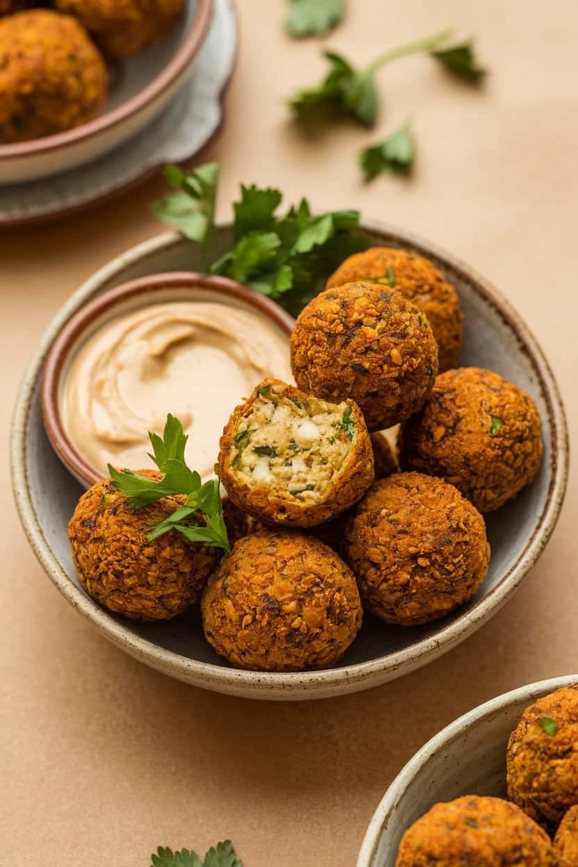 Indoor photo of bite-sized falafel balls stacked in a shallow bowl beside a small dish of creamy tahini sauce, garnished with parsley. Soft, even lighting, no text or logos.
