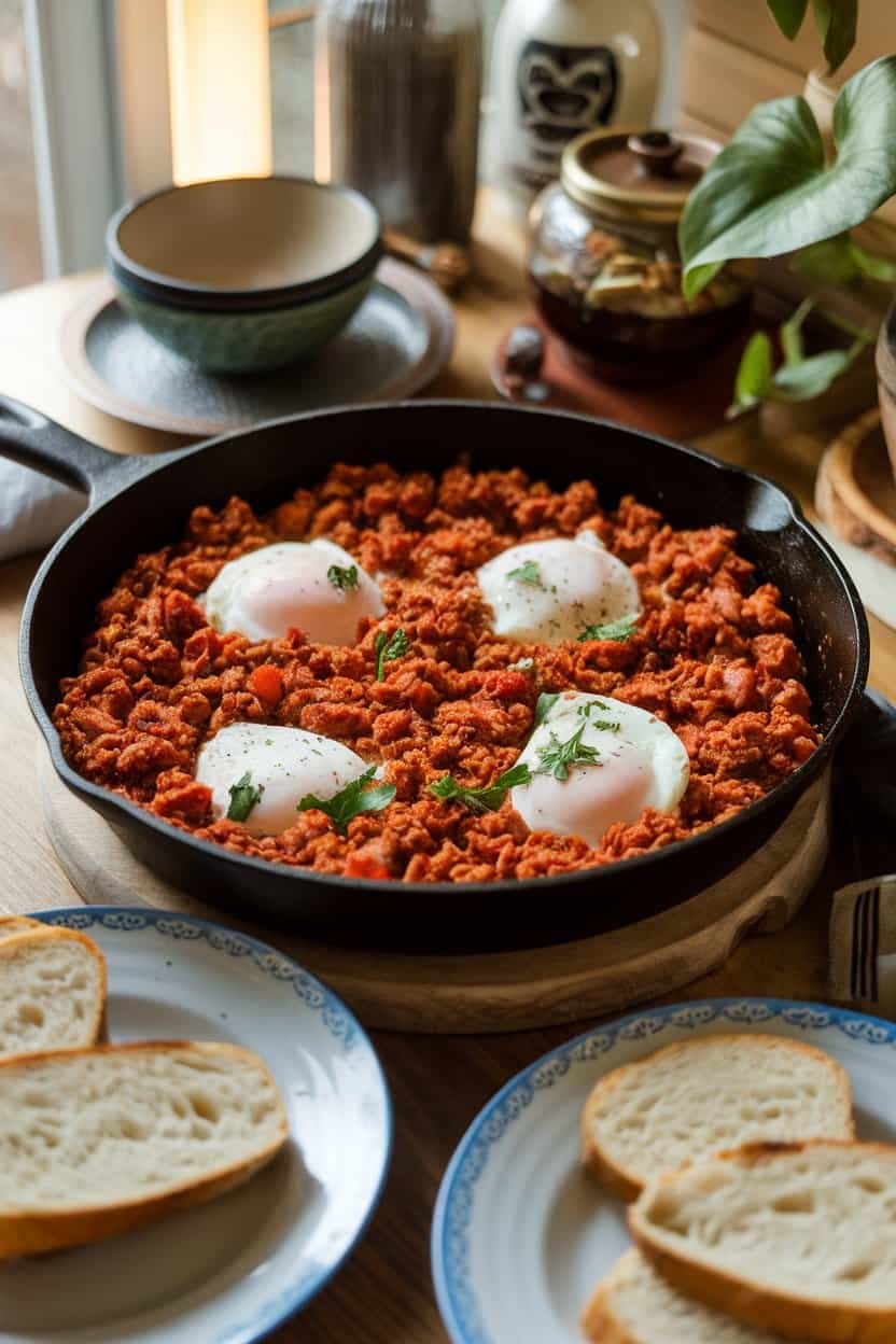 Indoor brunch table featuring a skillet of tomato-spiced ground turkey with poached eggs nestled on top, sprinkled with parsley. No text or logos.
