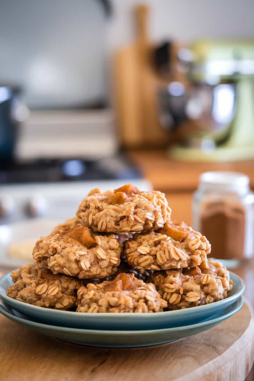 Indoor photo of a plate stacked with oatmeal apple breakfast cookies, cinnamon visible, no text or logos