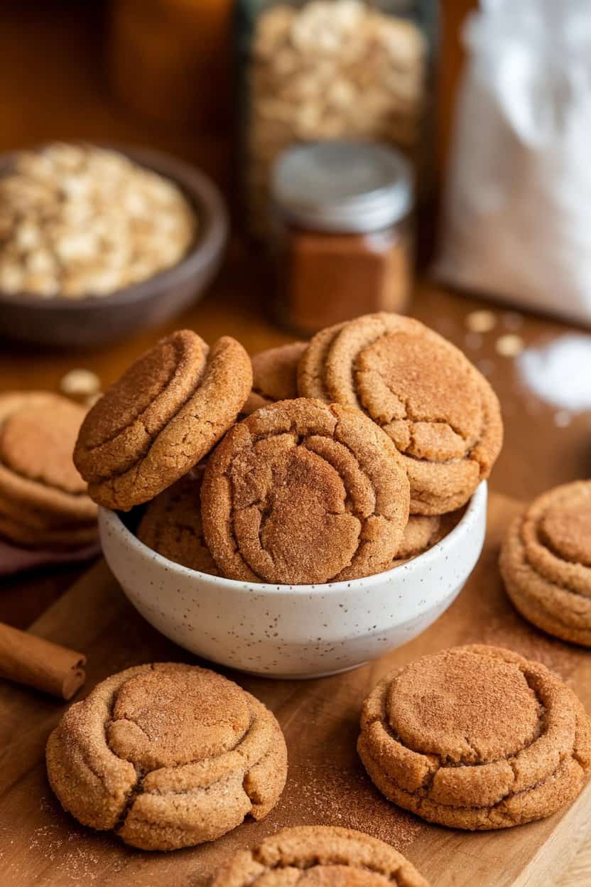 Warm indoor photo of a small bowl filled with cinnamon sugar-coated vegan snickerdoodles, cracked tops visible, no text or logos