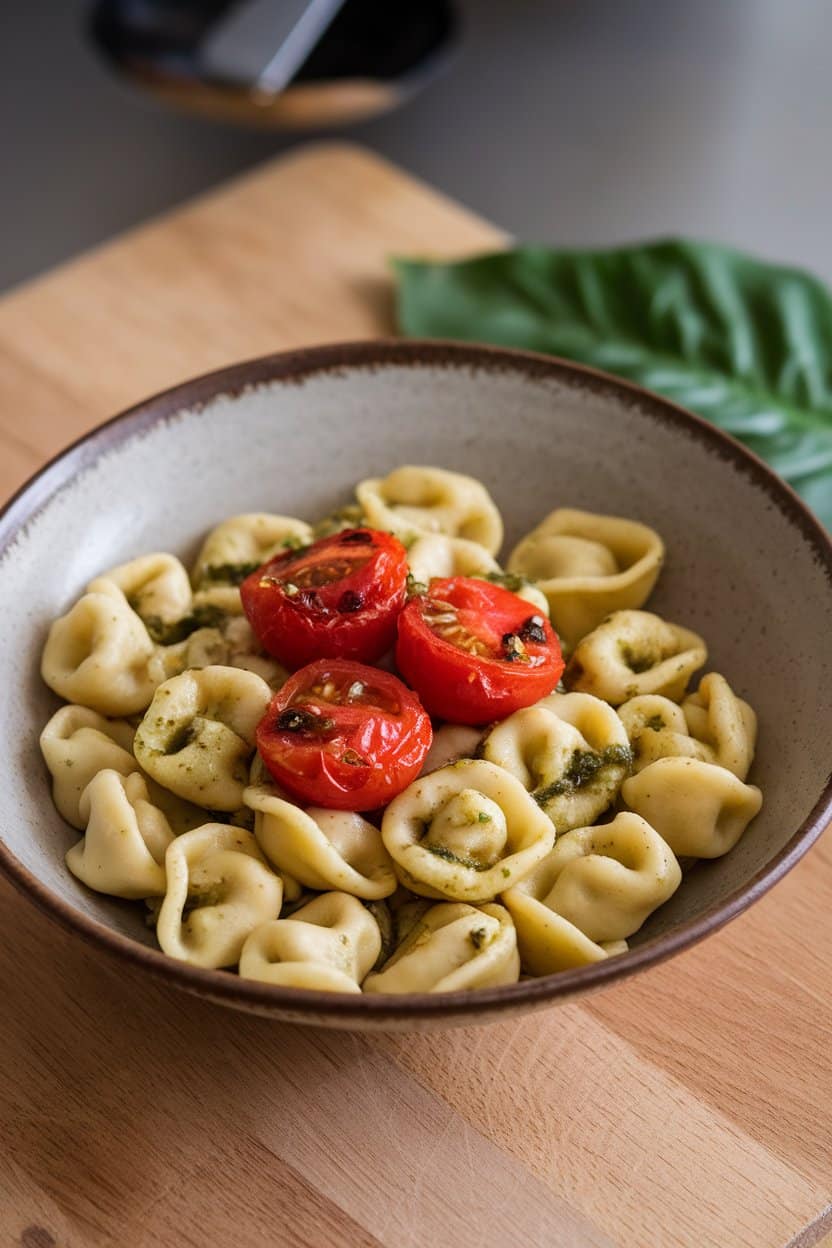 A shallow bowl of cheese tortellini tossed in basil pesto, dotted with blistered cherry tomatoes, shot indoors. No text or logos on dishware. Photo only.