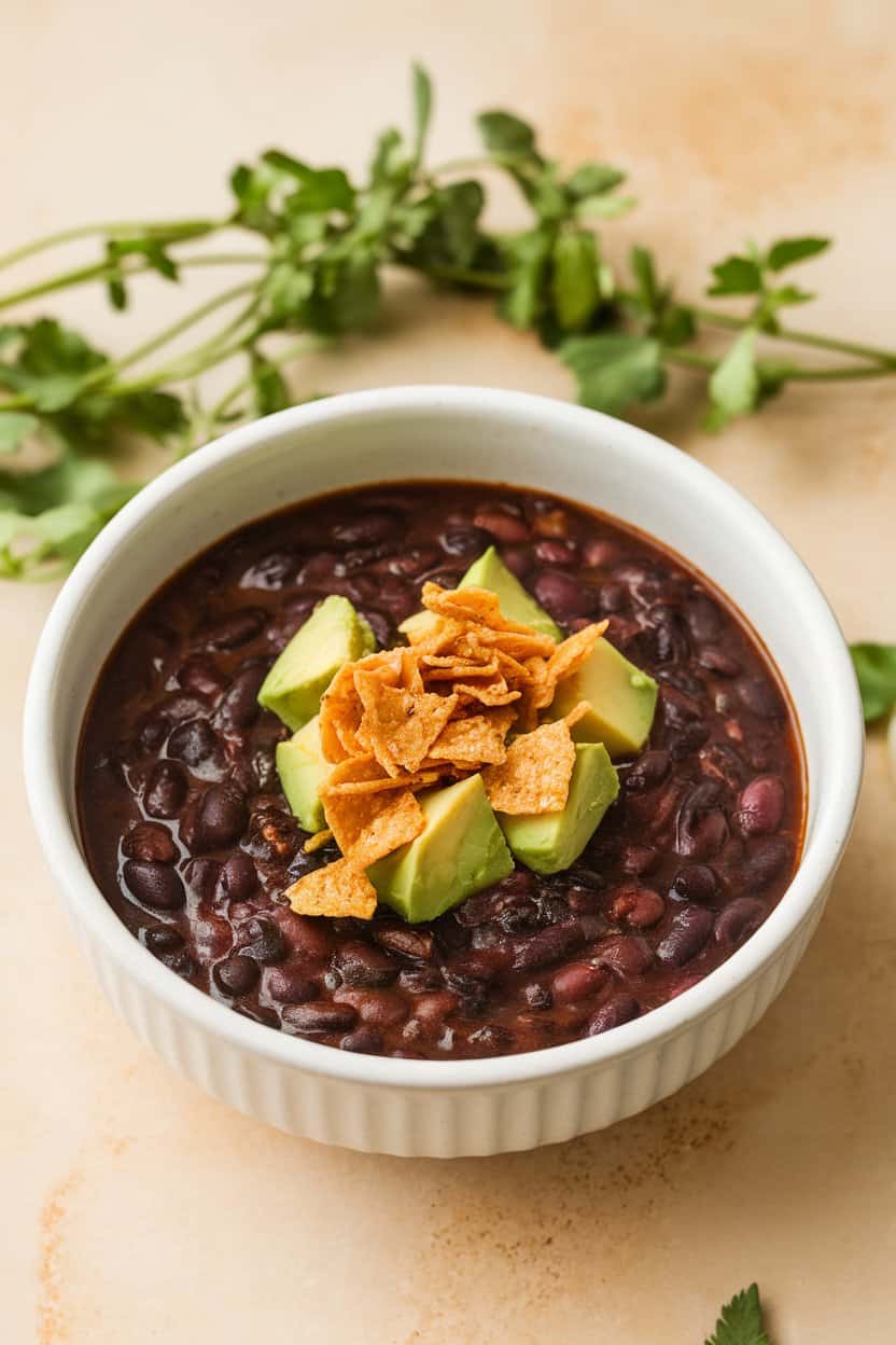 Indoor photo of black bean soup topped with avocado cubes and crushed tortilla chips—no branding