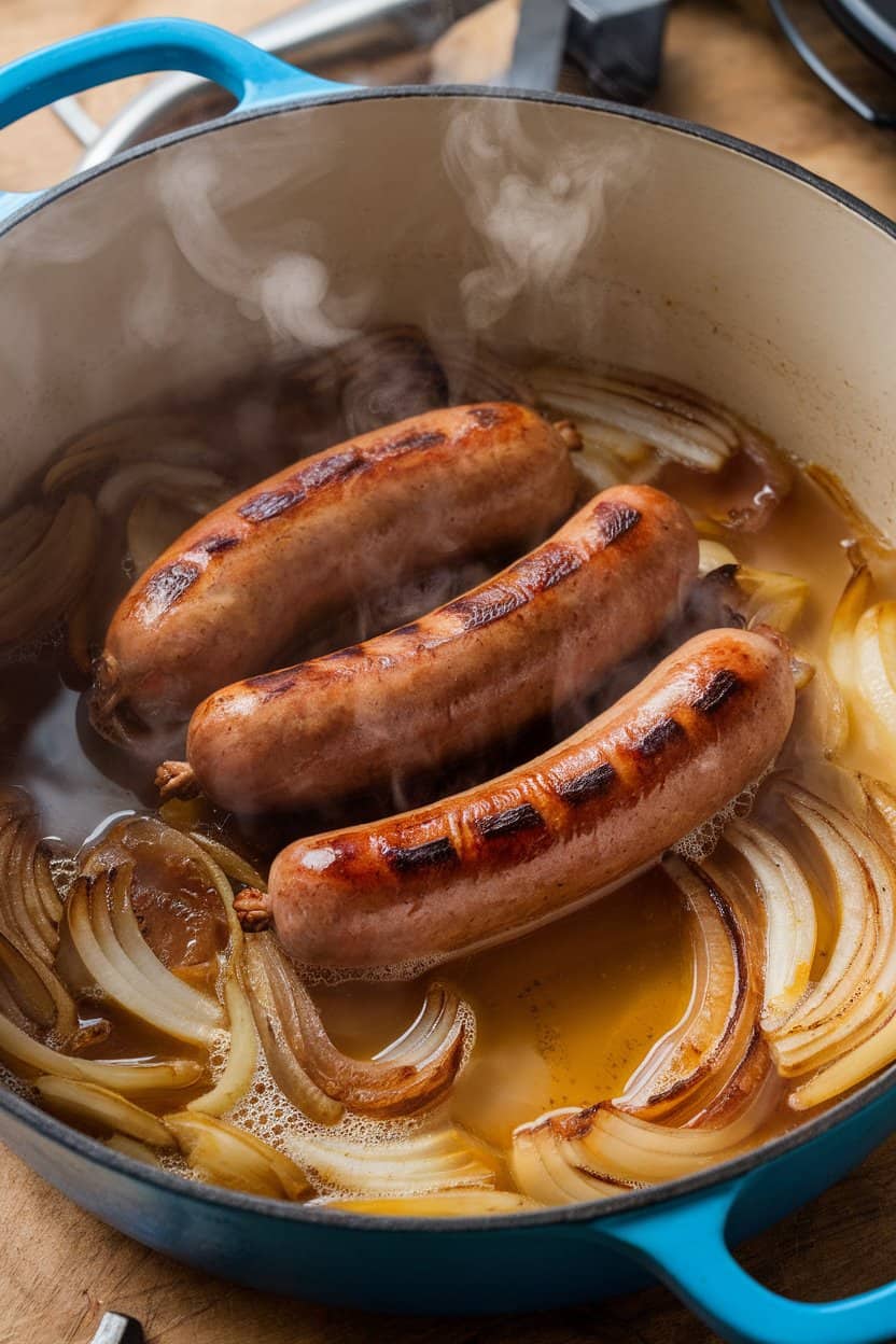 Indoor Dutch oven filled with cooked bratwursts nestled in caramelized onions and beer broth, steam rising gently, no branding.