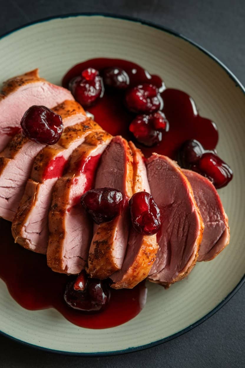 Indoor photo of sliced medium-rare duck breast fanned on a plate, deep red cherry sauce drizzled artfully, no text or logos
