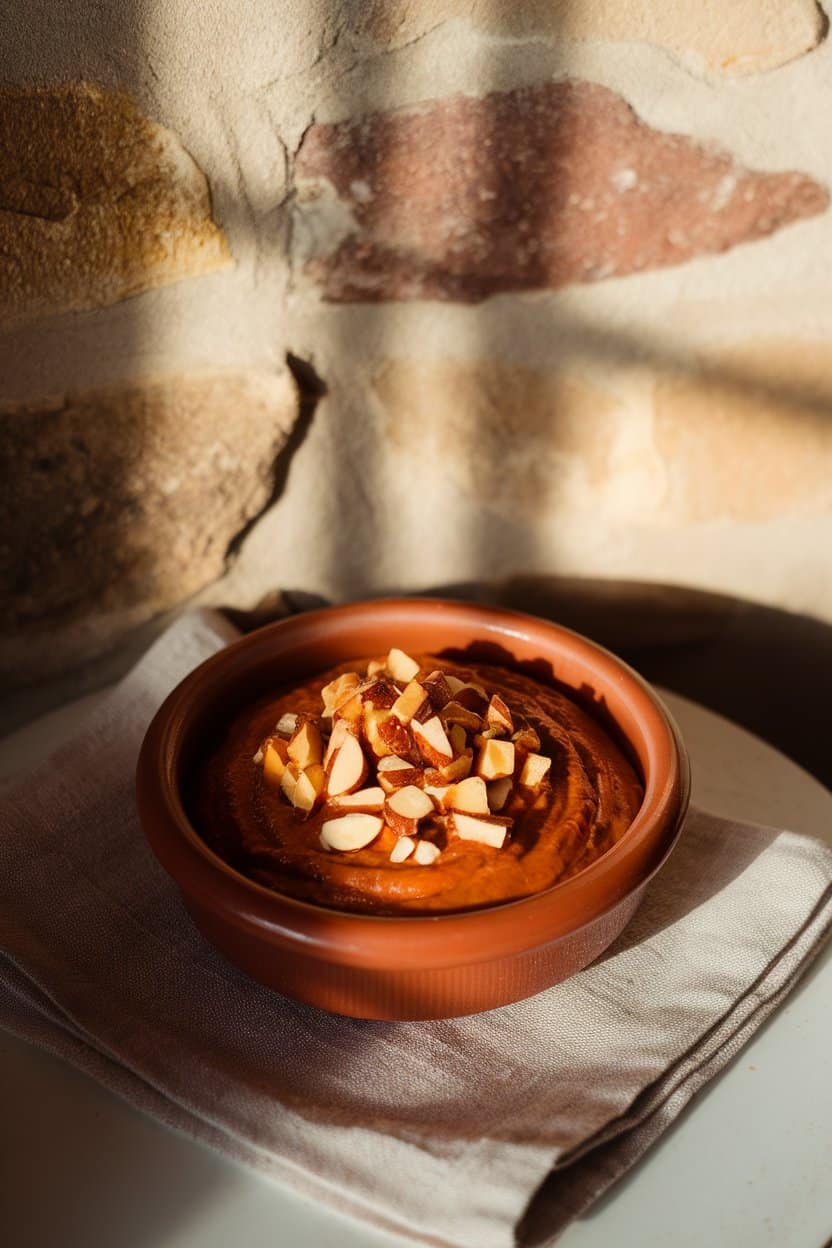 Indoor photo of a terracotta bowl holding brick-colored romesco sauce topped with chopped smoked almonds, set on linen napkin; soft window light, no text or logos.