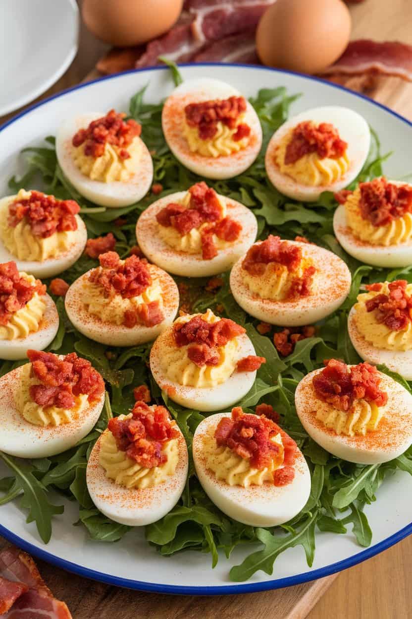 An indoor platter of deviled eggs dusted with smoked paprika and crumbled bacon. No text or logos.