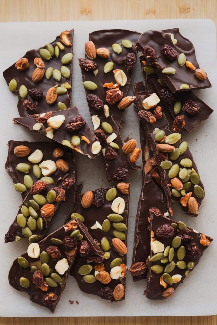An indoor cutting board displaying shards of dark chocolate bark topped with nuts, dried fruit, and pumpkin seeds; overhead lighting; no text or logos.