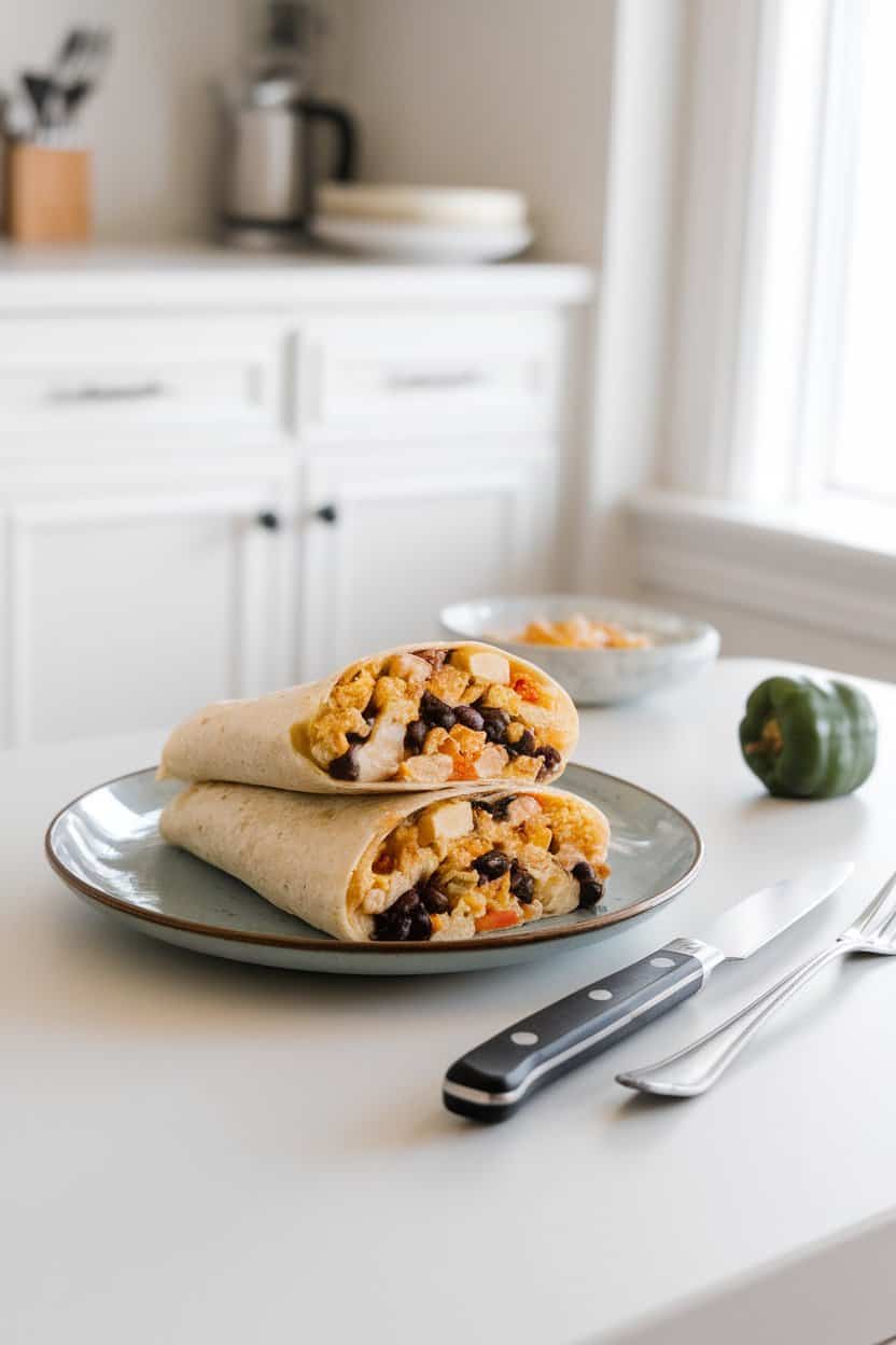 Indoor kitchen counter featuring a sliced breakfast burrito showing tofu scramble, black beans, and potatoes inside, no text or logos.