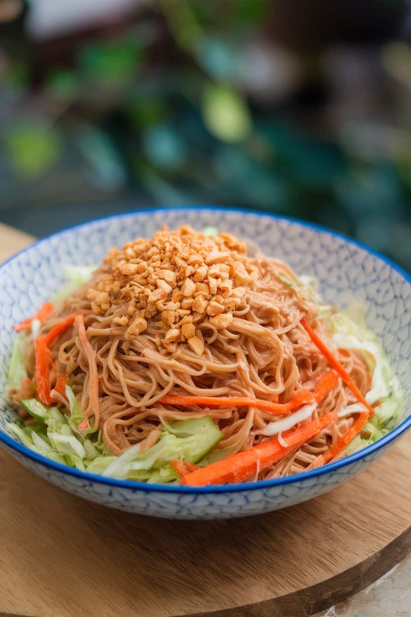 Indoor photo of a wide bowl of rice noodles tossed with shredded carrots, cabbage, and cucumber in a creamy peanut dressing, sprinkled with crushed peanuts. No text or logos anywhere.