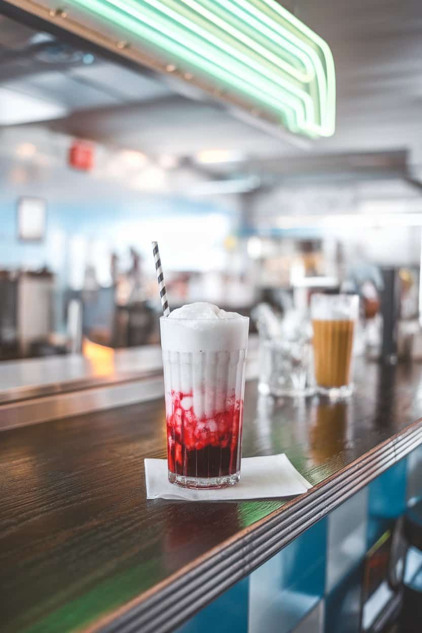 Photo of an indoor diner counter, tall soda glass with layers of bright raspberry syrup at bottom and foamy coconut cream soda on top, striped straw, no text or logos