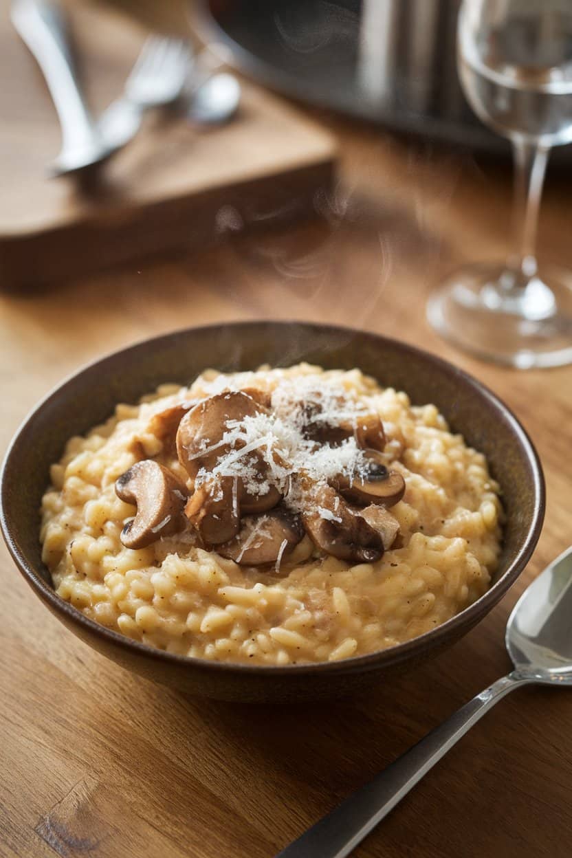 A creamy bowl of mushroom risotto topped with grated Parmesan on a wooden indoor table, steam visible, no text or logos. Photo only.