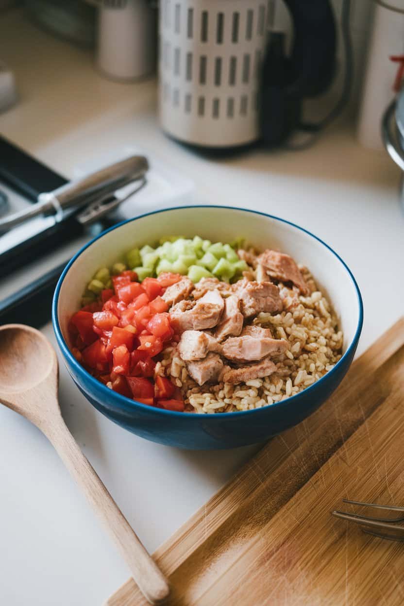 Indoor kitchen counter with a bowl of turkey jambalaya featuring brown rice, diced tomatoes, celery, and Cajun-spiced turkey chunks. No text or logos.
