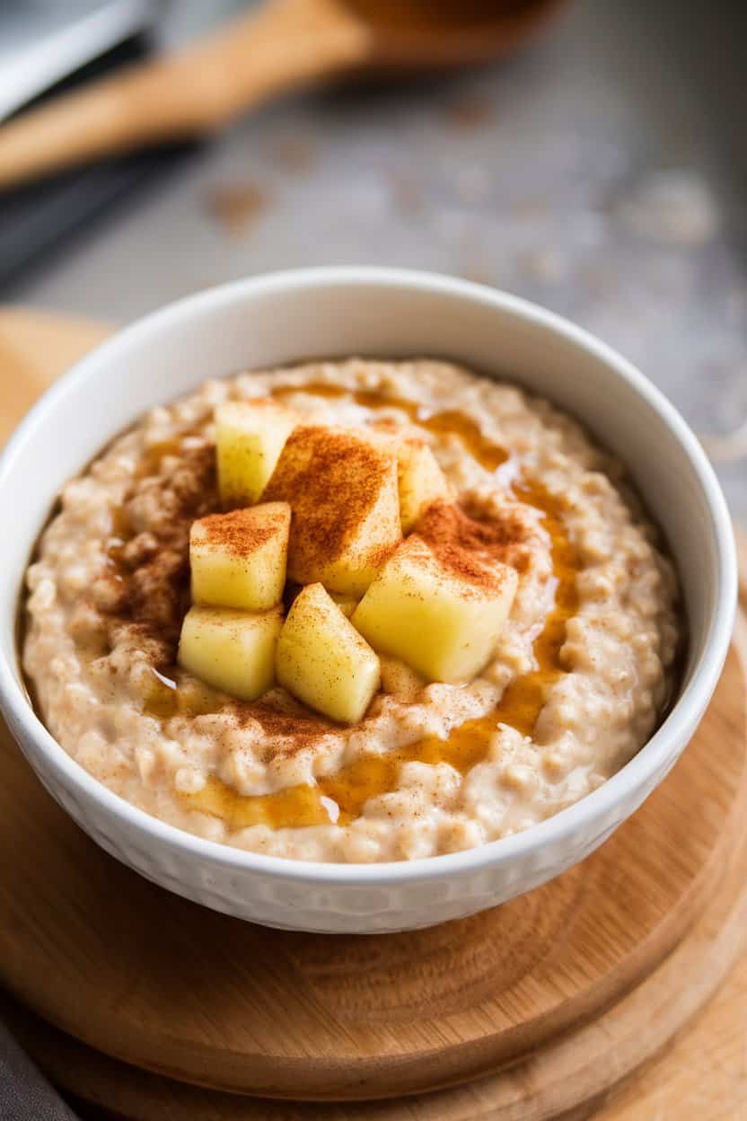 Indoor photo of a bowl of creamy oatmeal dotted with apple cubes and cinnamon, drizzle of maple syrup—no text or logos