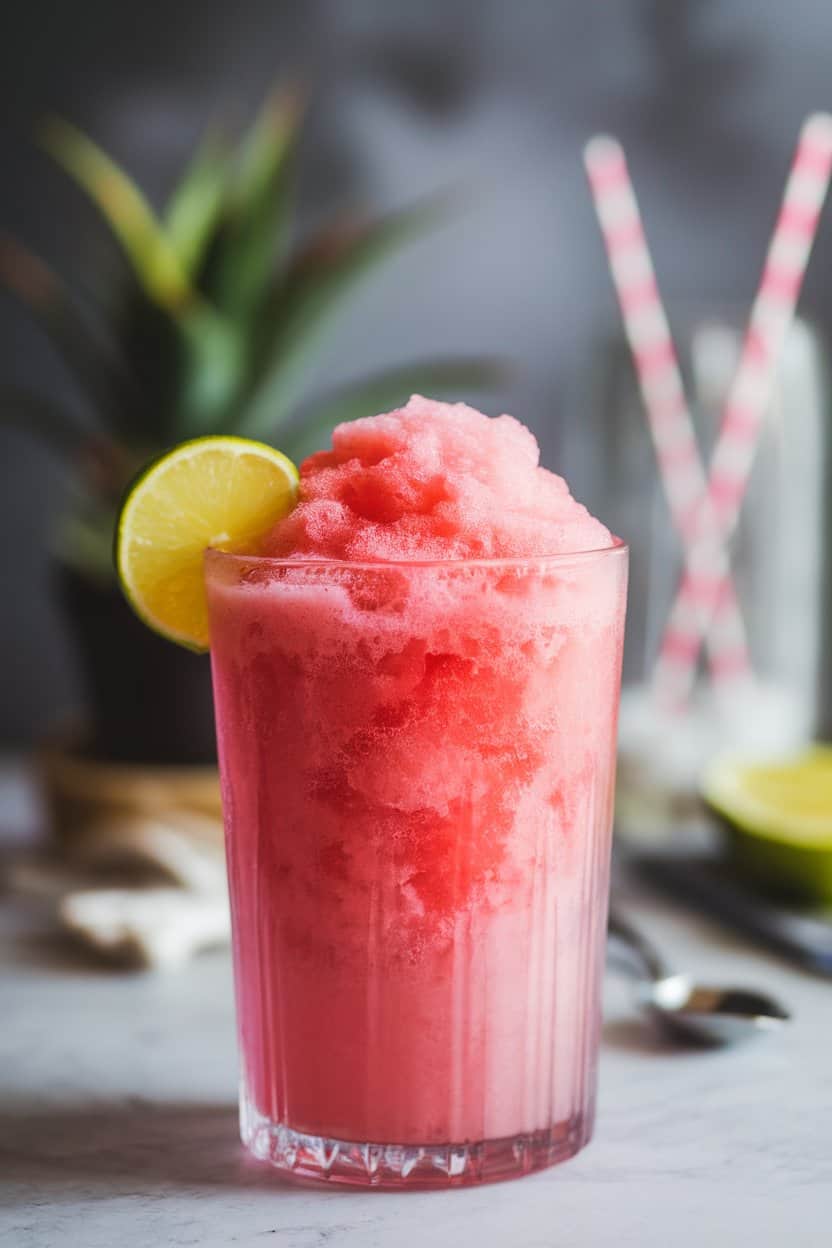 Indoor photo of a frosted glass loaded with bright pink watermelon slush piled high, lime wedge perched on the rim; no logos or text.