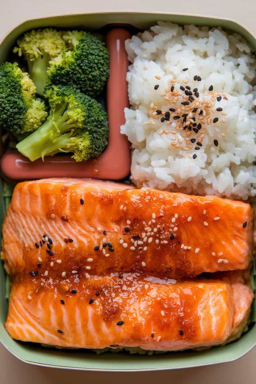 Indoor bento box featuring glazed teriyaki salmon fillet, steamed white rice sprinkled with sesame seeds, and broccoli florets. No text or logos, photo not illustration.