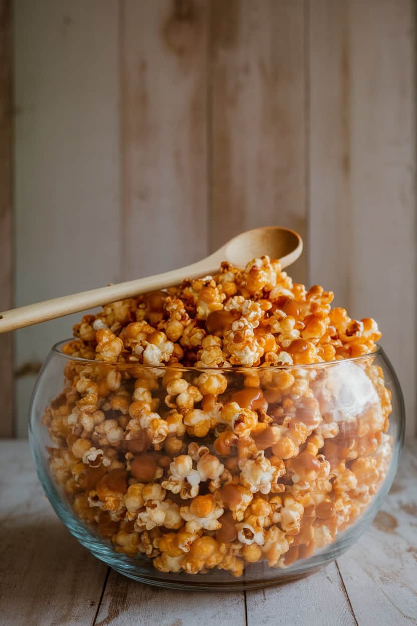 A large glass bowl indoors overflowing with glossy caramel-coated popcorn, a wooden spoon resting on the rim. No text or logos in frame.