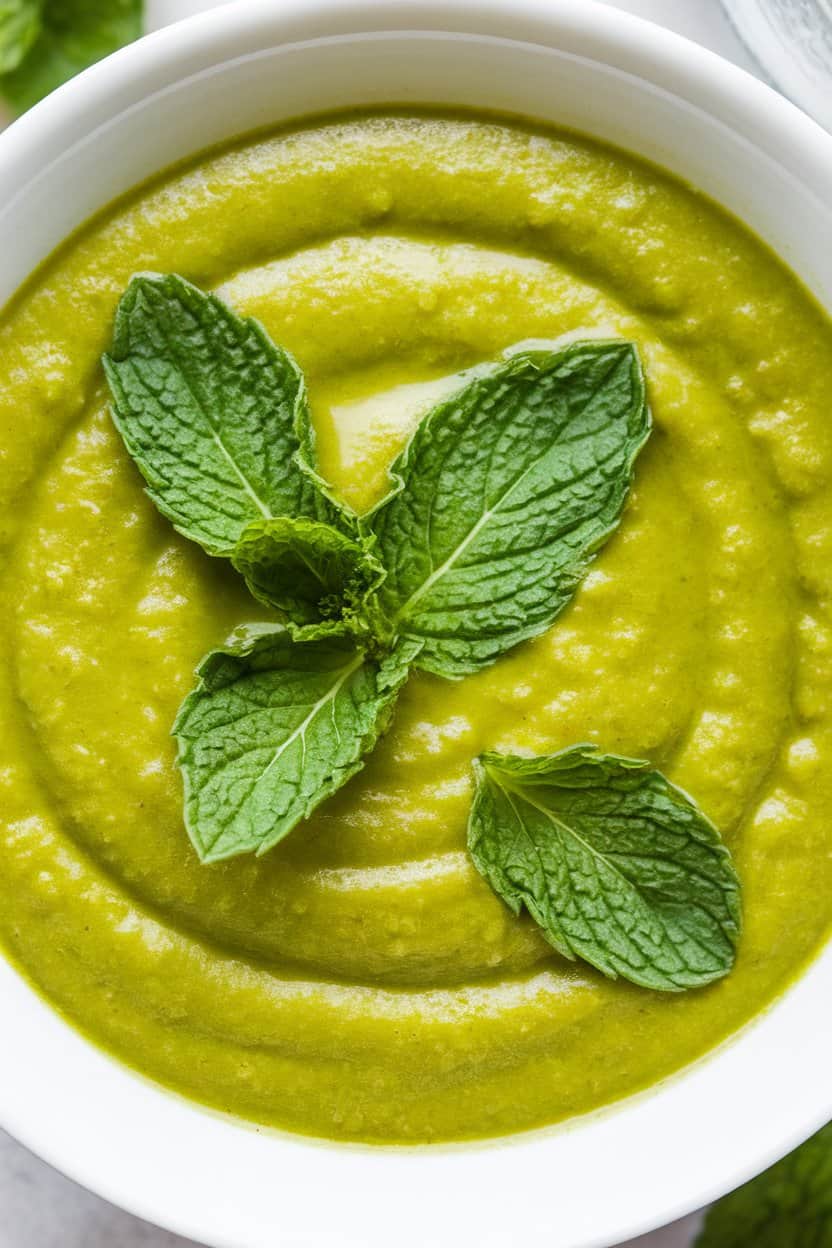 Indoor photo of a bright green pea soup in a white bowl, mint leaves floating on top; overhead angle, no text or logos