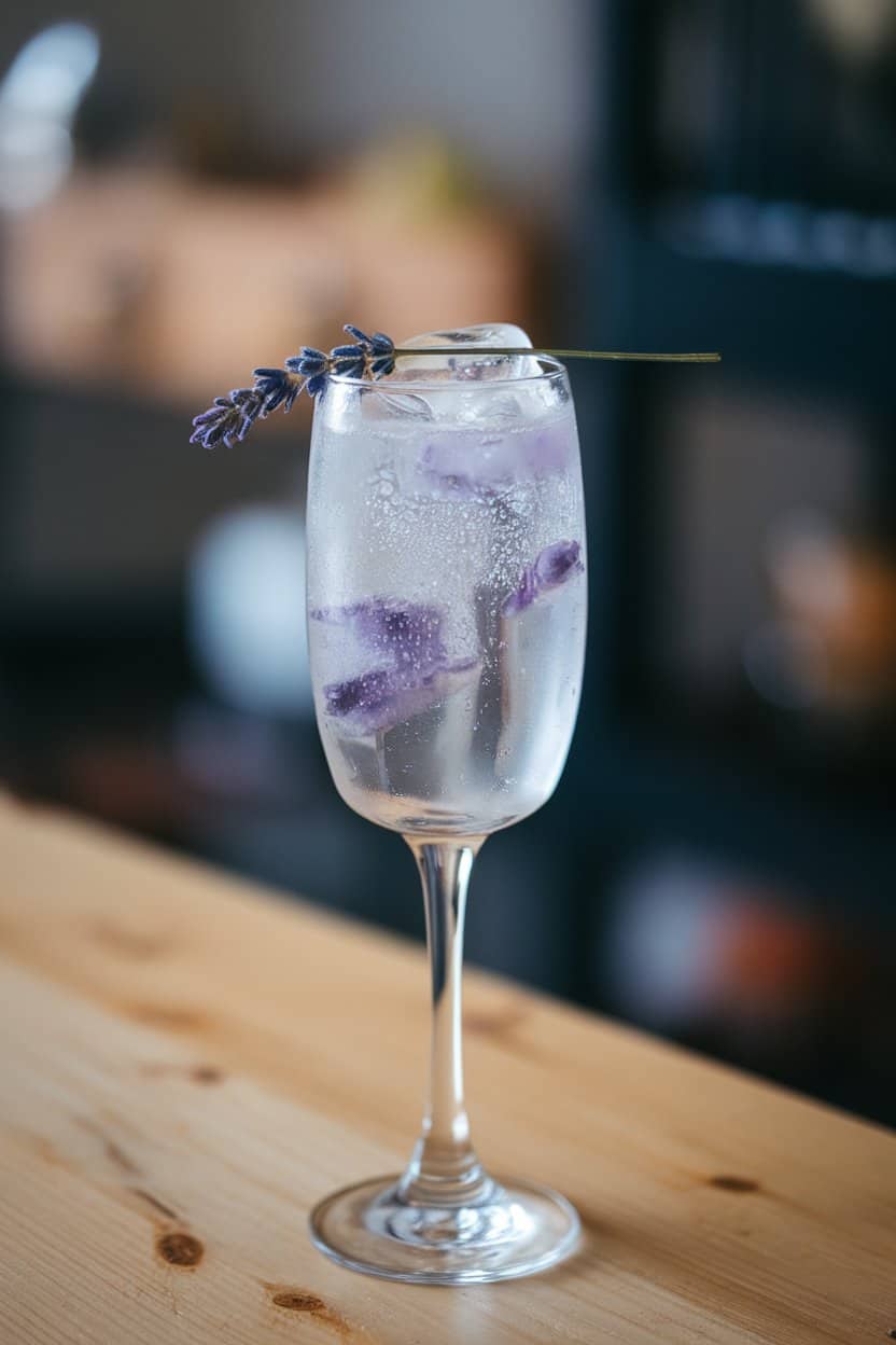 Indoor photo of a flute glass containing pale purple lavender lemonade topped with sparkling water, tiny lavender bud resting on ice; no text or logos.
