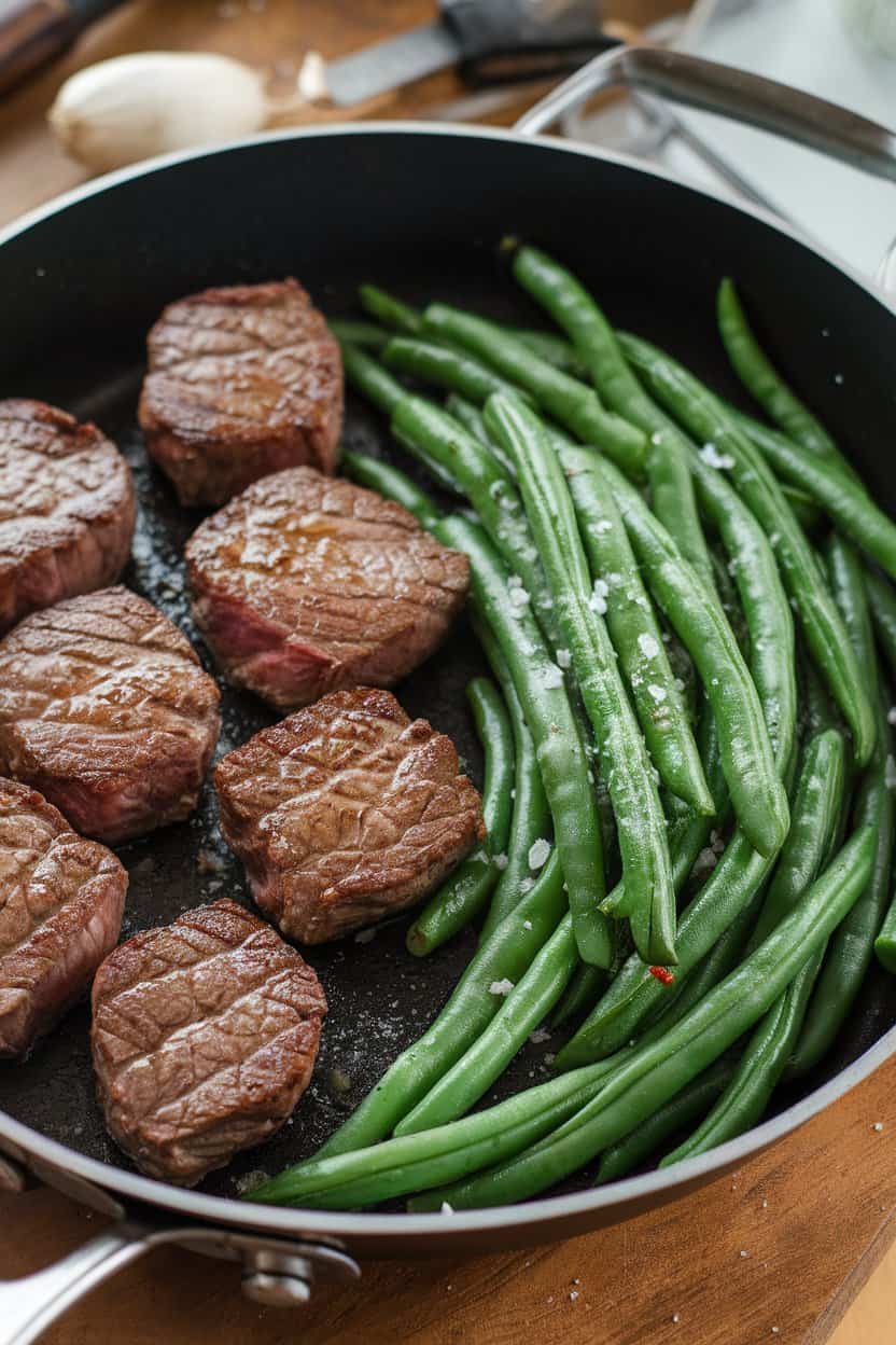 Photo of a skillet indoors containing seared steak bites glistening in garlic butter alongside bright green beans sprinkled with coarse salt. No logos visible.
