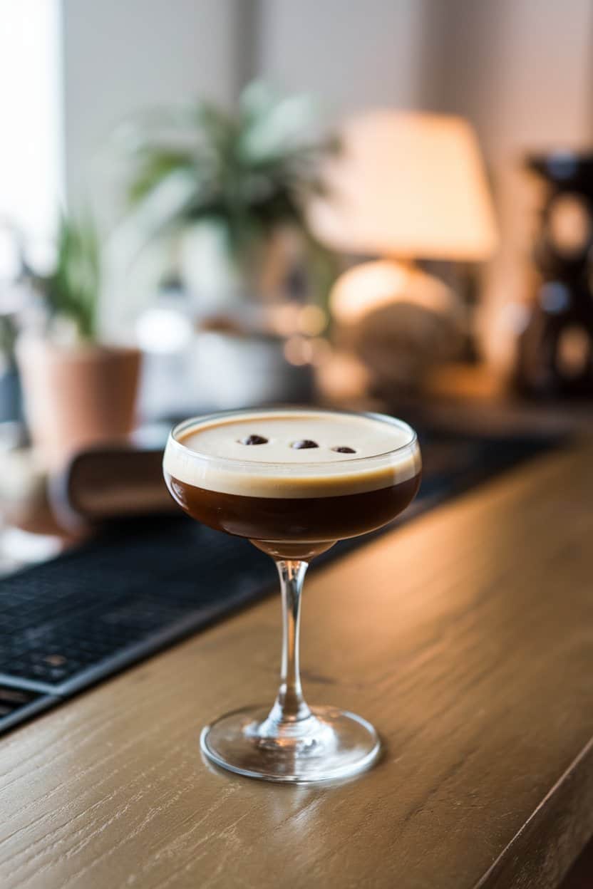 A softly lit indoor bar scene with a coupe glass of espresso martini showing a creamy foam layer and three coffee beans floating on top. No logos or text; photo.