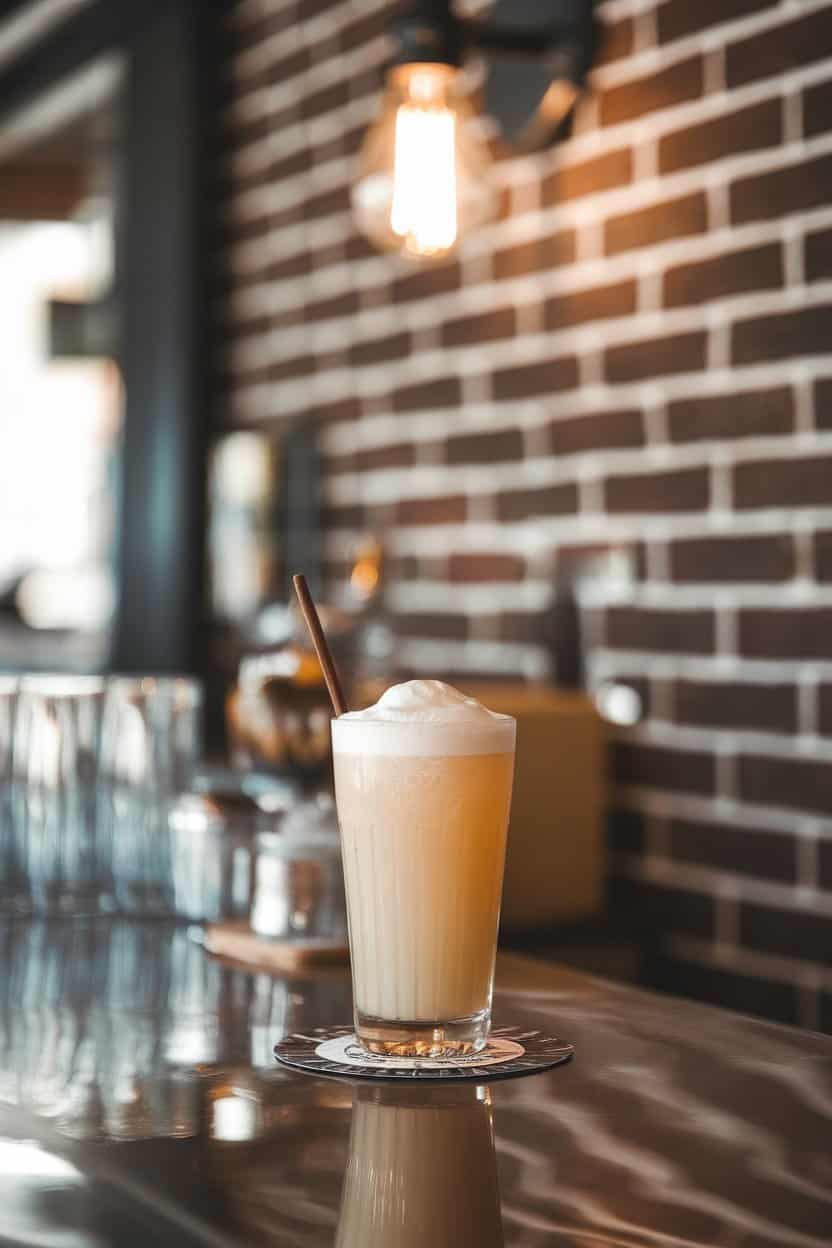 Photo of an indoor soda-fountain-style counter featuring a tall vintage glass of pale apricot cream soda mocktail, small scoop of vanilla foam on top, nostalgic lighting; no text or logos.