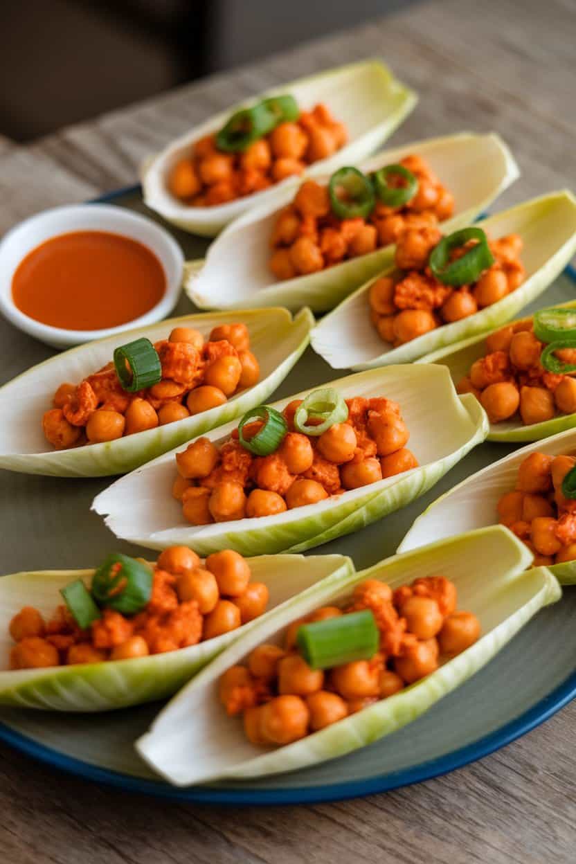 Indoor photo of endive spears filled with buffalo-sauced chickpeas and topped with green onion slices. No text or logos.
