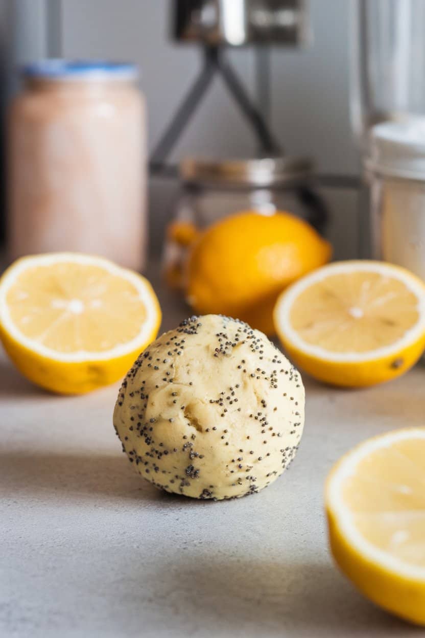 Indoor countertop scene with pale yellow protein balls speckled with poppy seeds, fresh lemon halves in background, no text or logos. Photo only.