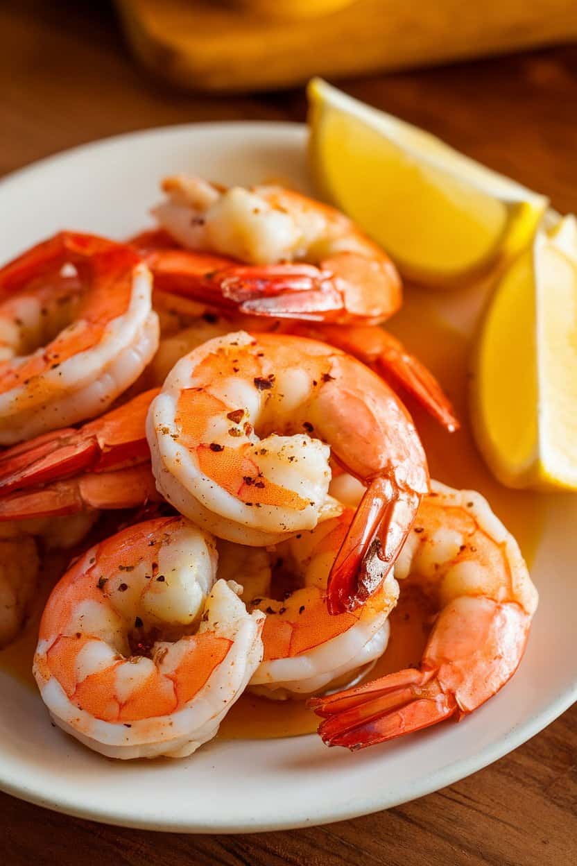 An indoor plate of cooked shrimp glazed with golden honey and sprinkled with Old Bay seasoning, lemon wedges on the side. Warm light, no text or logos. Photo only.