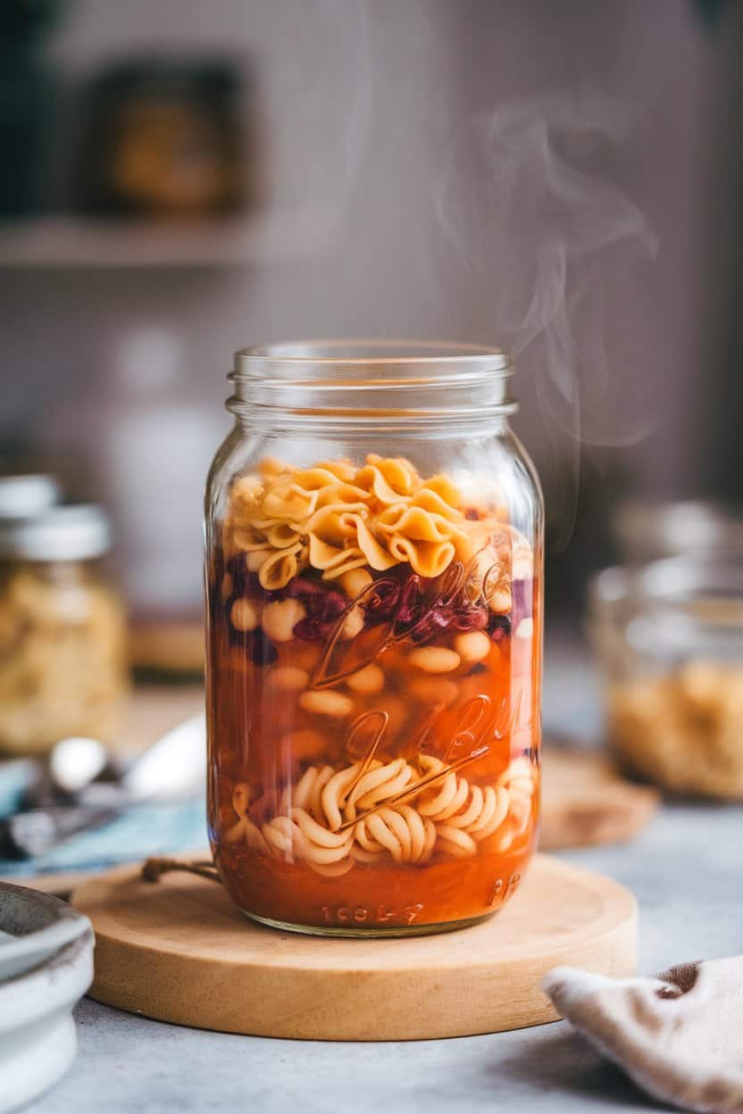 Photo of a glass jar indoors showing layered ditalini pasta, mixed beans, and chunky tomato broth, steam gently rising. No text or logos anywhere.