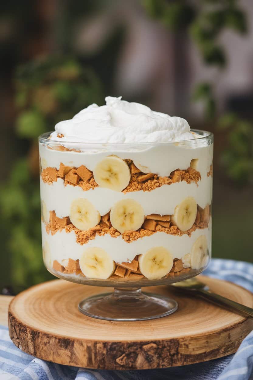 Indoor photo of small glass cups layered with vanilla pudding, banana slices, and vanilla wafer crumbles, topped with whipped cream. No text or logos present.