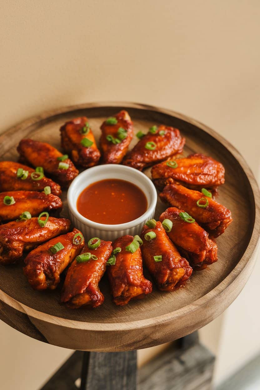 Indoor serving tray of crimson-glazed chicken wings sprinkled with chopped scallions; small bowl of gochujang sauce beside; no text or logos.