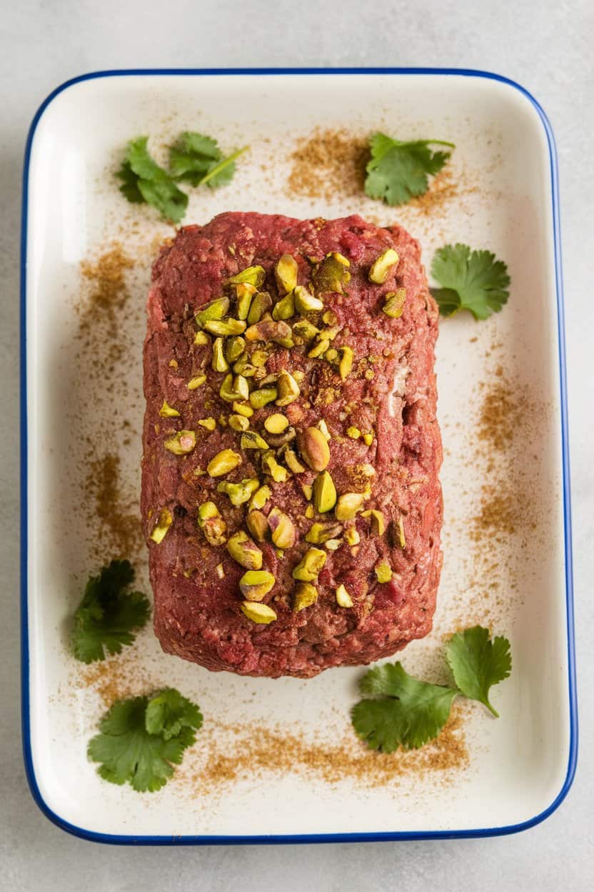 Indoor ceramic platter with lamb meatloaf sprinkled with chopped pistachios and cilantro, cumin and cinnamon dust visible. No text or logos. Photo only.