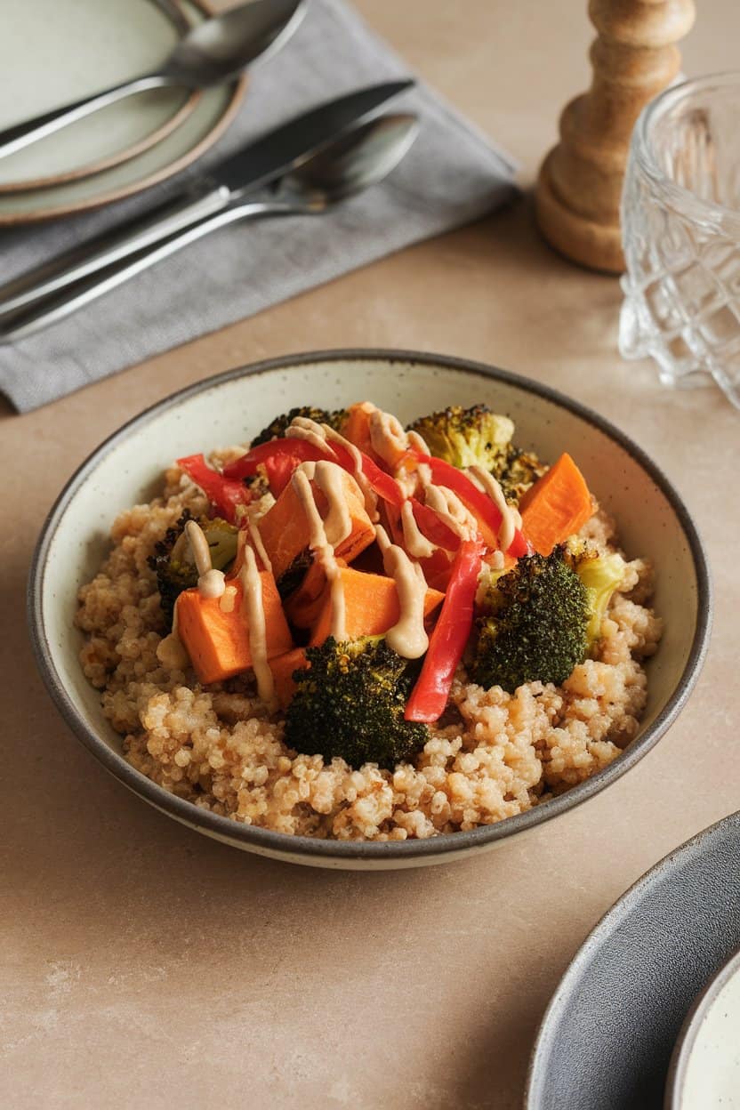 An indoor dining table displaying a shallow bowl of fluffy quinoa topped with roasted sweet potato cubes, broccoli florets, and red pepper strips, drizzle of tahini on top. Warm overhead lighting, no text or logos. Photo only.