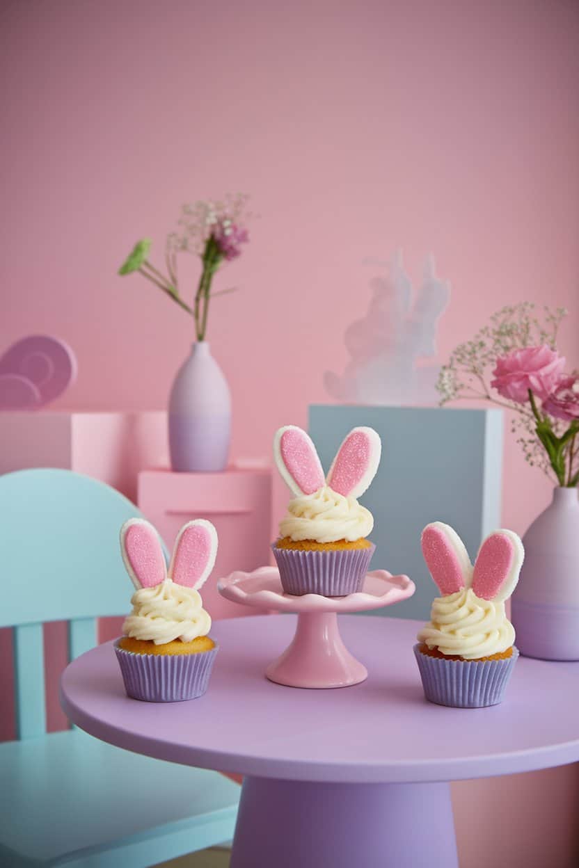 An indoor pastel backdrop featuring vanilla cupcakes topped with white buttercream and pink sugar-coated marshmallow bunny ears. No text or logos.