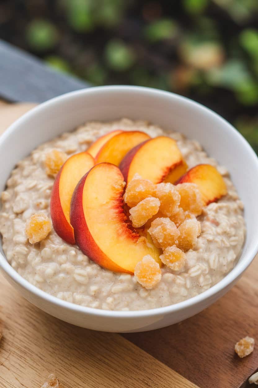 Indoor photo of oats layered with juicy peach slices and a sprinkle of crystallized ginger bits, no text or logos.