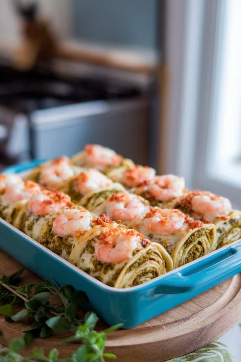 Indoor photo of a baking dish holding individual lasagna rolls stuffed with pesto ricotta and shrimp, topped with bubbling cheese. No text or logos anywhere.