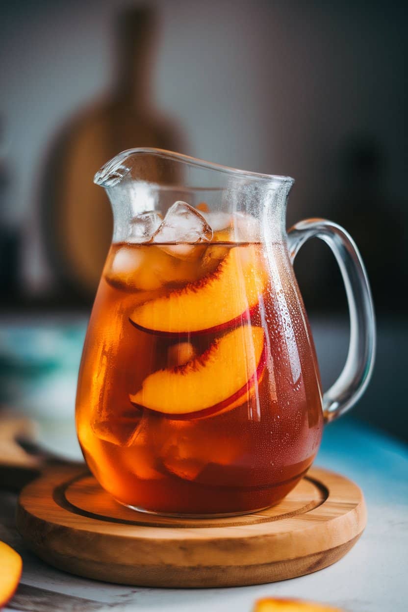 Indoor pitcher photo showing amber iced tea with ripe peach slices and plenty of ice; condensation on the glass, no text or logos.