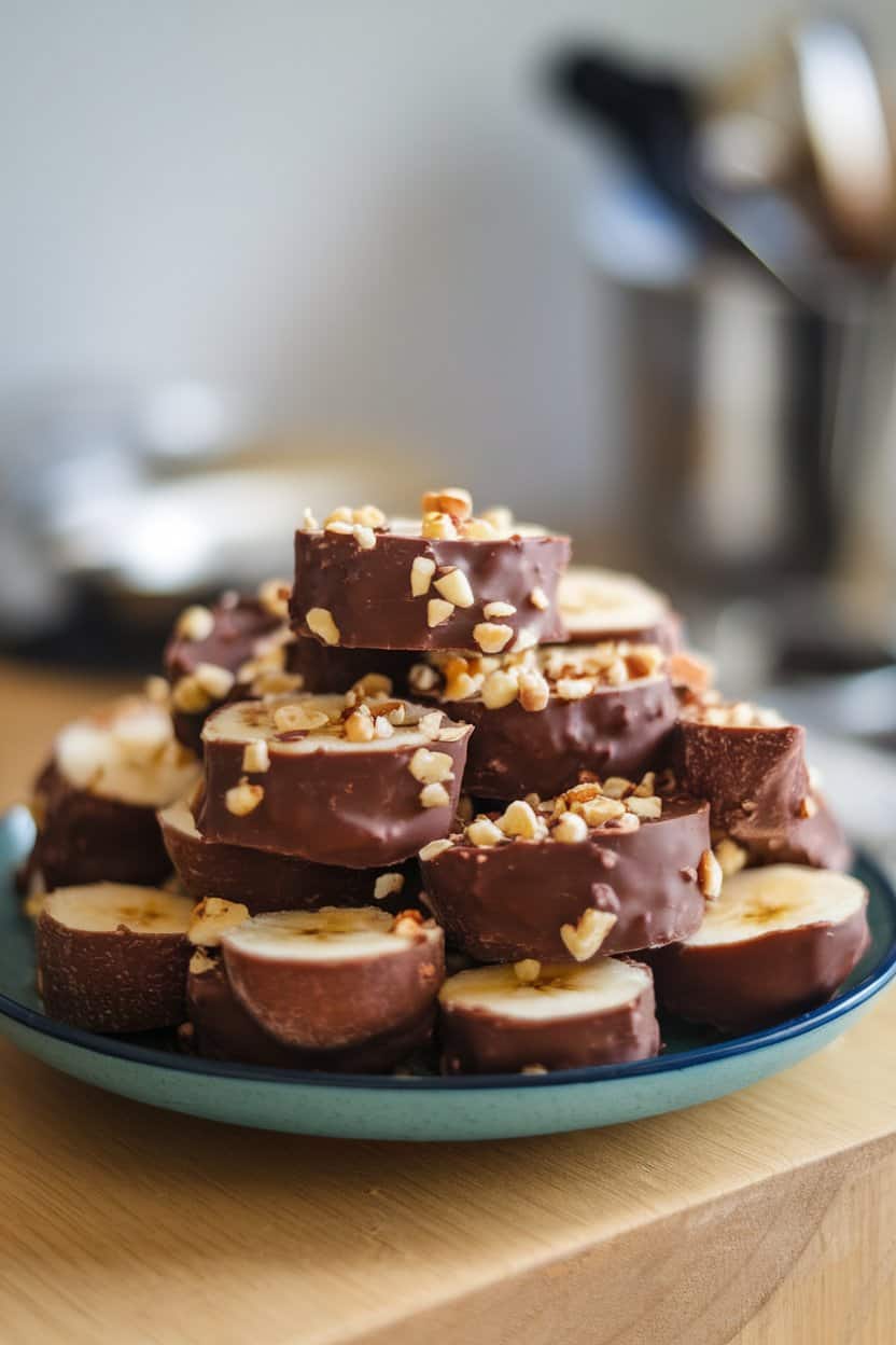 An indoor plate piled with frozen half-banana slices coated in dark chocolate, some sprinkled with chopped nuts. No logos or text in frame.