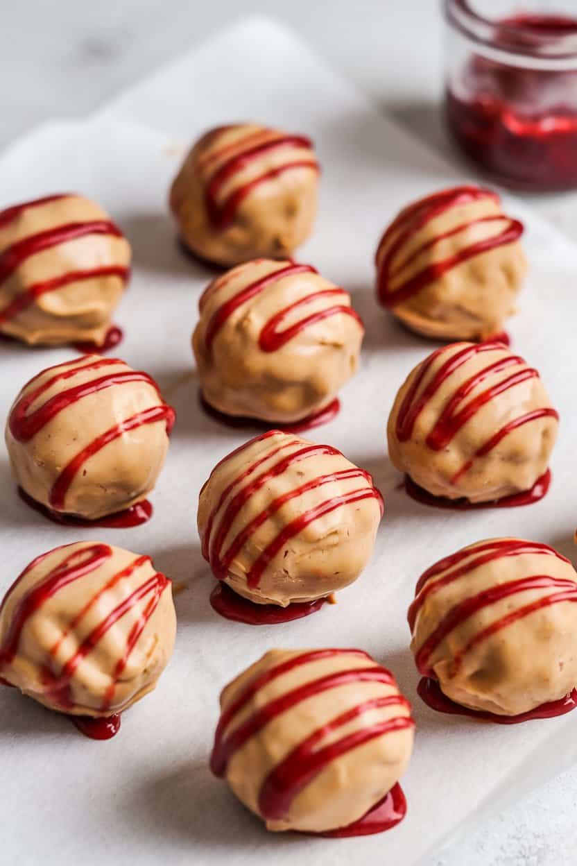 Indoor setup of peanut butter protein balls drizzled with a thin swirl of strawberry jam, arranged on parchment. No text or logos. Photo only.