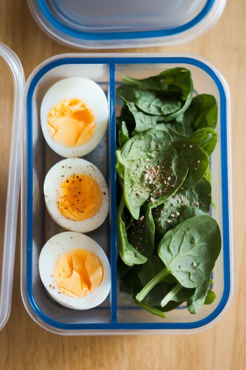 Indoor photo of a meal-prep container with halved hard-boiled eggs on one side and fresh baby spinach on the other, sprinkled with cracked pepper; no text or logos visible.