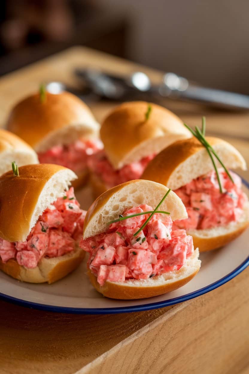 A warmly lit indoor plate holding several small buttered split-top buns filled with chilled lobster salad, sprinkle of chives on top. No text or logos.