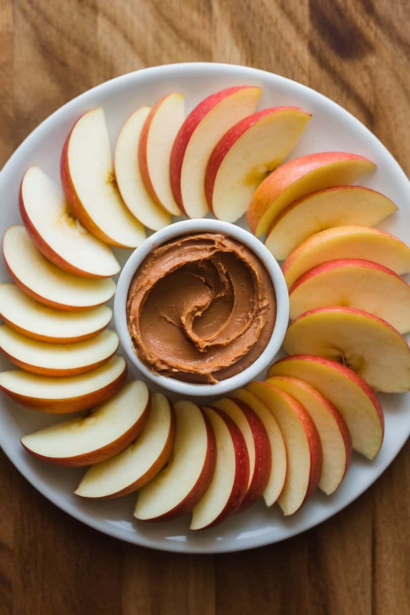 Indoor photo of crisp apple wedges fanned around a small ramekin of almond butter on a white plate; no text or logos in sight.