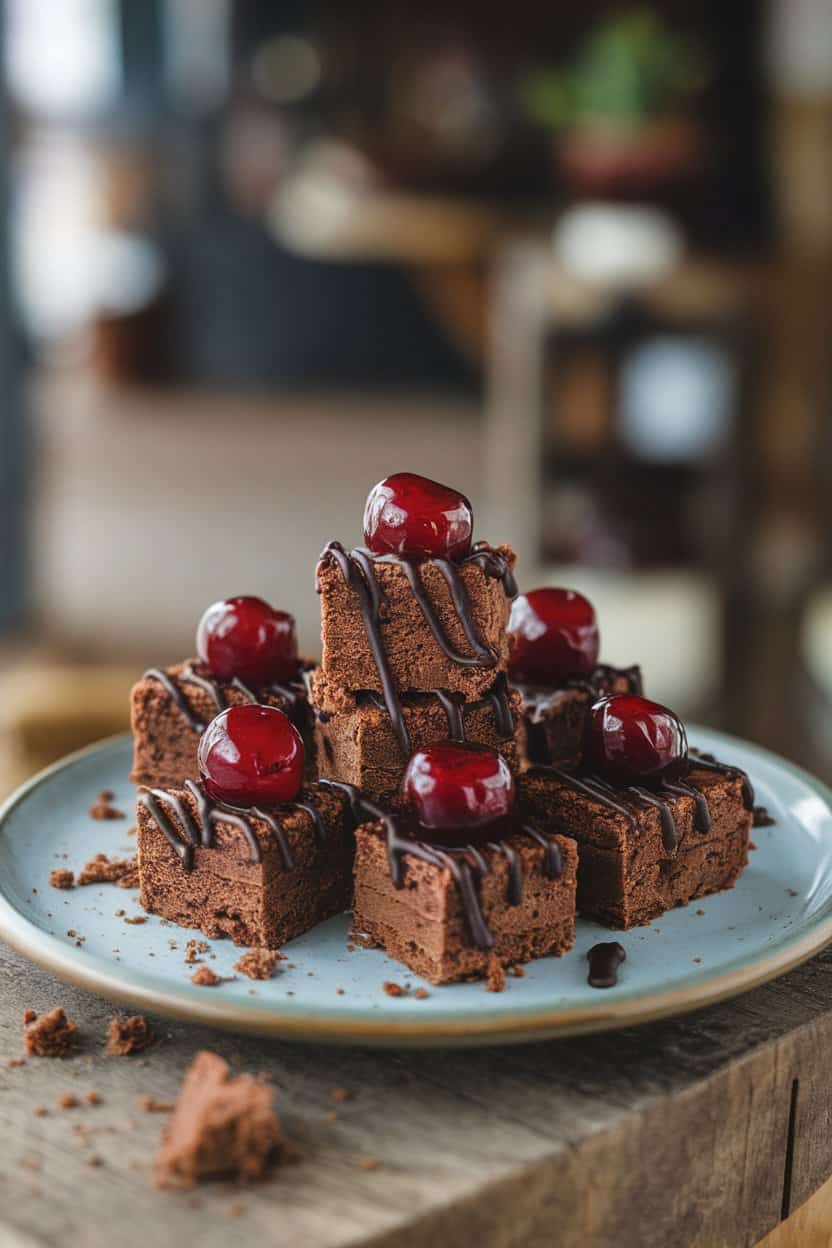 An indoor dessert plate stacked with bite-size brownie squares topped with glossy cherry halves and a drizzle of dark chocolate. No text or logos visible.