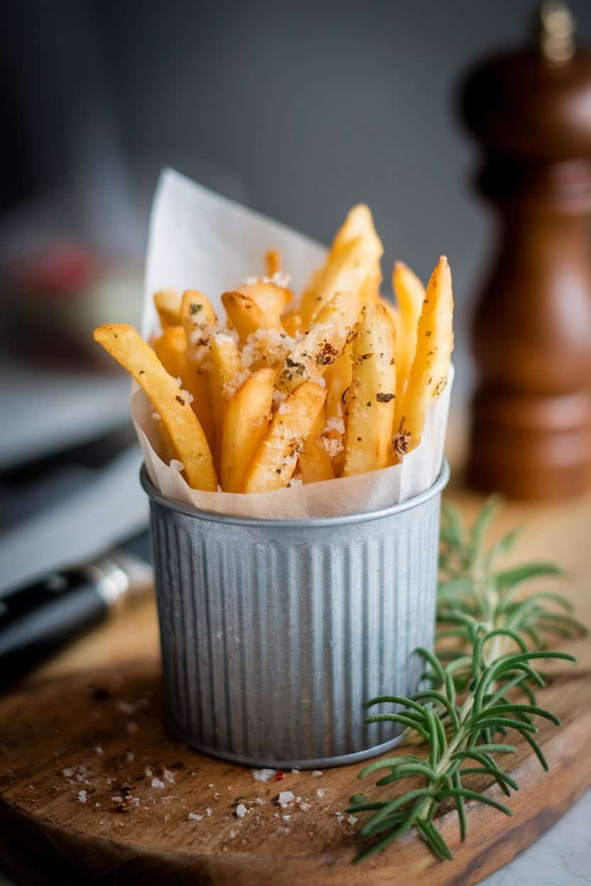 An indoor bistro-style scene featuring a metal cup lined with parchment, overflowing with thin fries dusted in Parmesan and truffle salt. No text or logos.