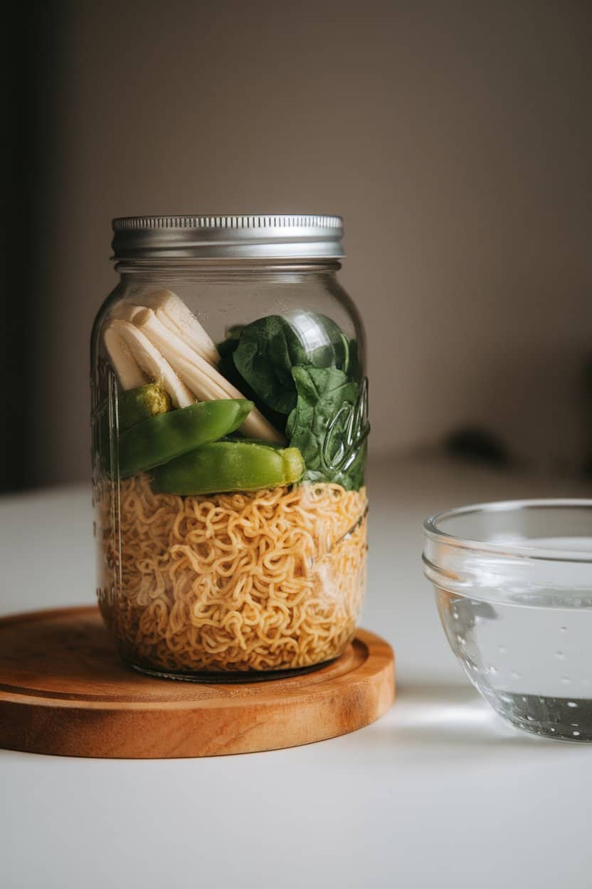 Photo of a heat-safe glass jar indoors with uncooked ramen noodles, coconut curry paste, snap peas, and spinach, ready for hot water. No text or logos present.