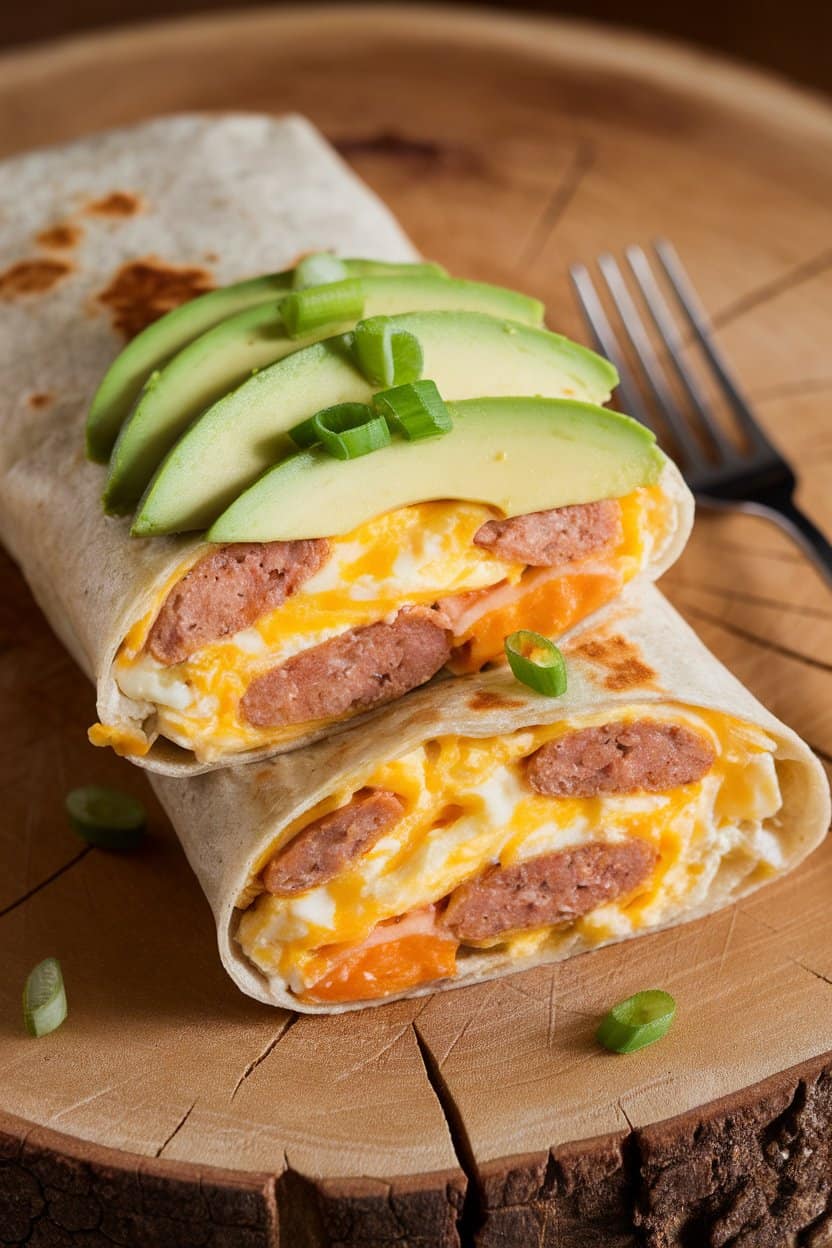 Indoor photo of a sliced breakfast burrito revealing chicken sausage, scrambled eggs, and melted cheese inside a whole-wheat tortilla; no text or logos