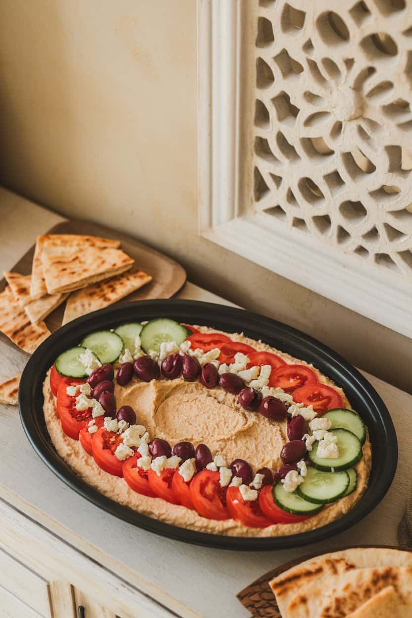 An indoor oval platter with hummus topped with cucumber, tomato, olives, and feta crumbles, pita wedges nearby, no text or logos.