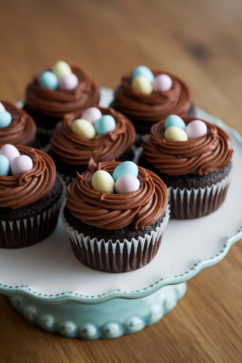 An indoor dessert plate displaying chocolate cupcakes with chocolate frosting swirled into nests and filled with pastel candy eggs. No text or logos.